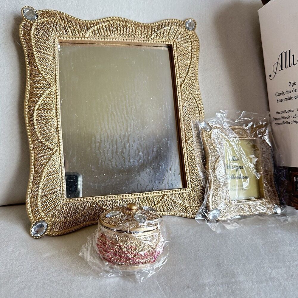 Allure 3pc Vanity Set Gold Glitter Crystal Rhinestone Mirror Picture Frame